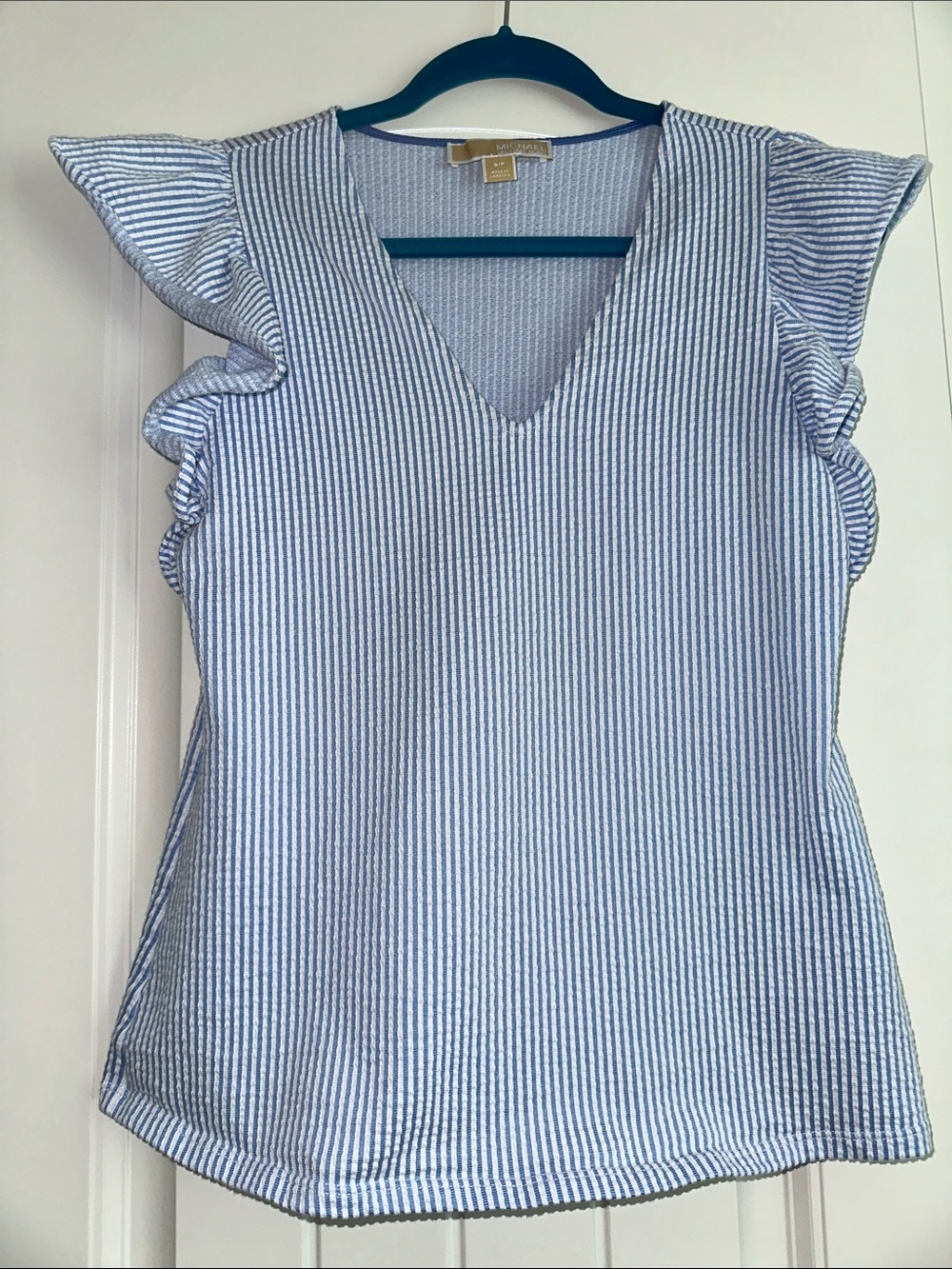 Michael Kors Light Blue Striped V-Neck Ruffle Sleeve Top S